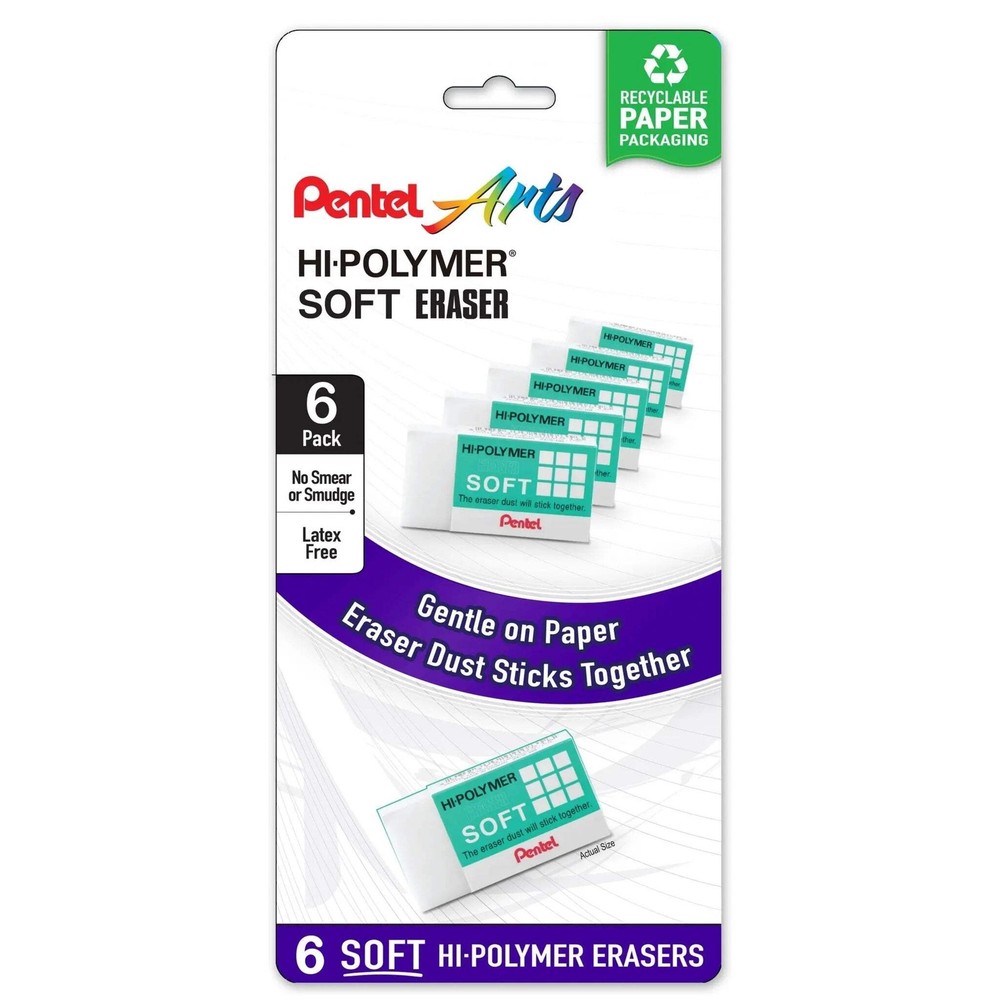 Pentel Hi-Polymer SOFT Eraser, 6-Pk