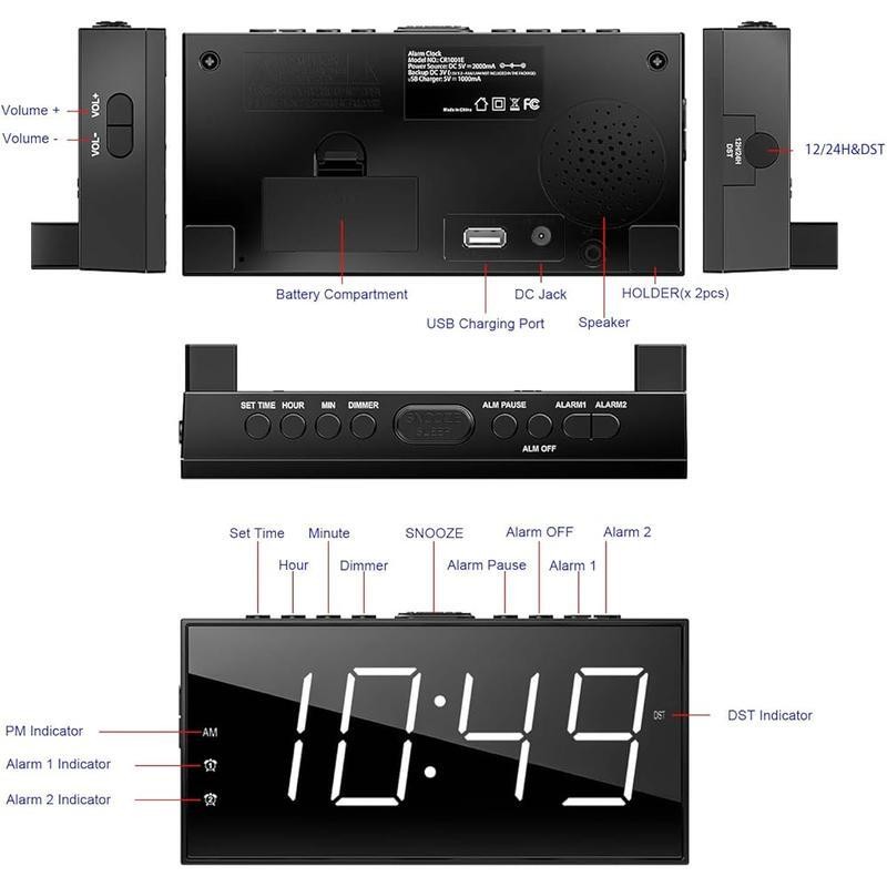 Loud Dual Alarm Clock W/ Large LCD Display USB Charging Dimmable Snooze Function