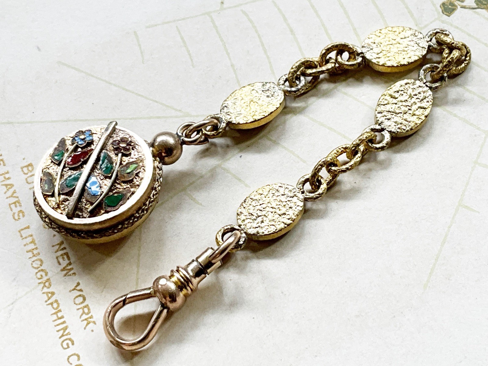 Antique Gold Filled Pocket Watch Chain Fob with Enamel Flowers & Etruscan Work