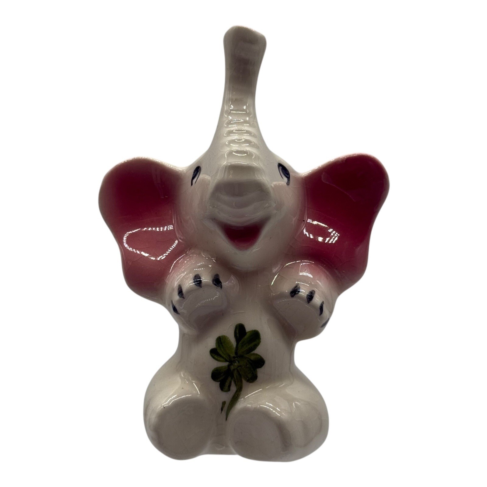Elephant Figurine Lucky Shamrock Trunk Up Ceramic Good Luck Decor Vintage Cute