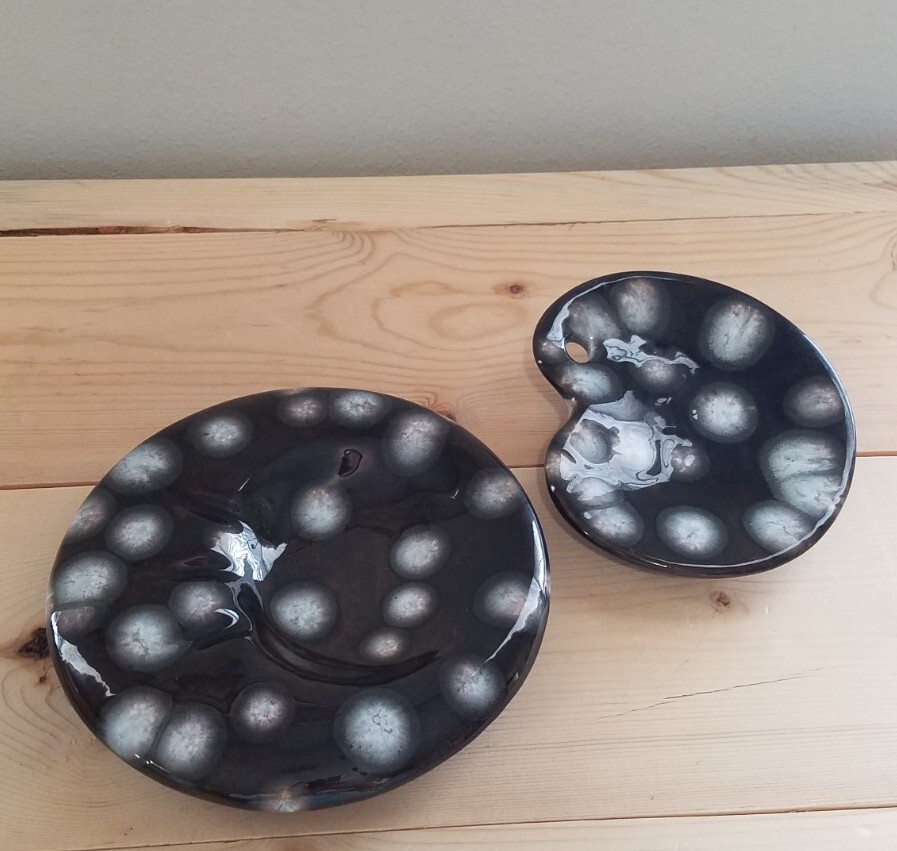 Vintage Glazed Ceramic Mcm Ashtray Set Signed J.