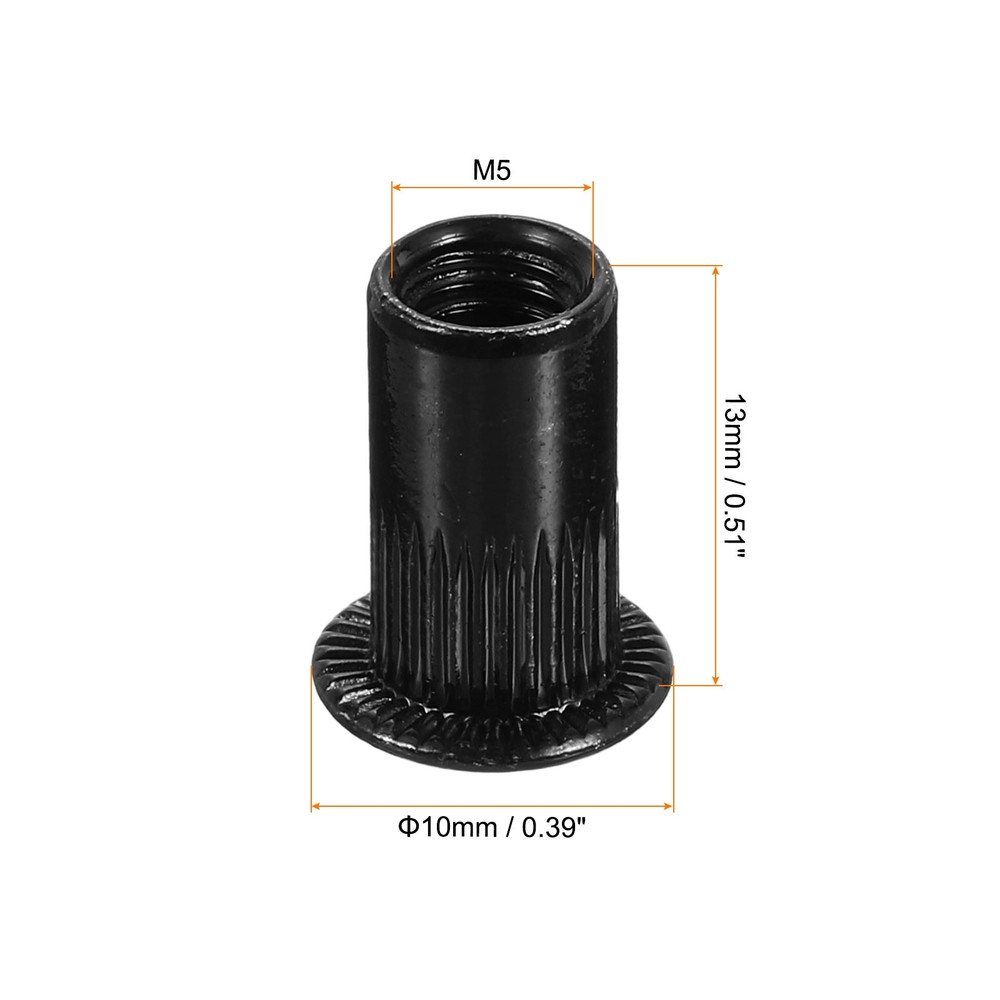 M5 Rivet Nuts Carbon Steel Knurled Flat Head Threaded Insert Nut Black 80Pcs