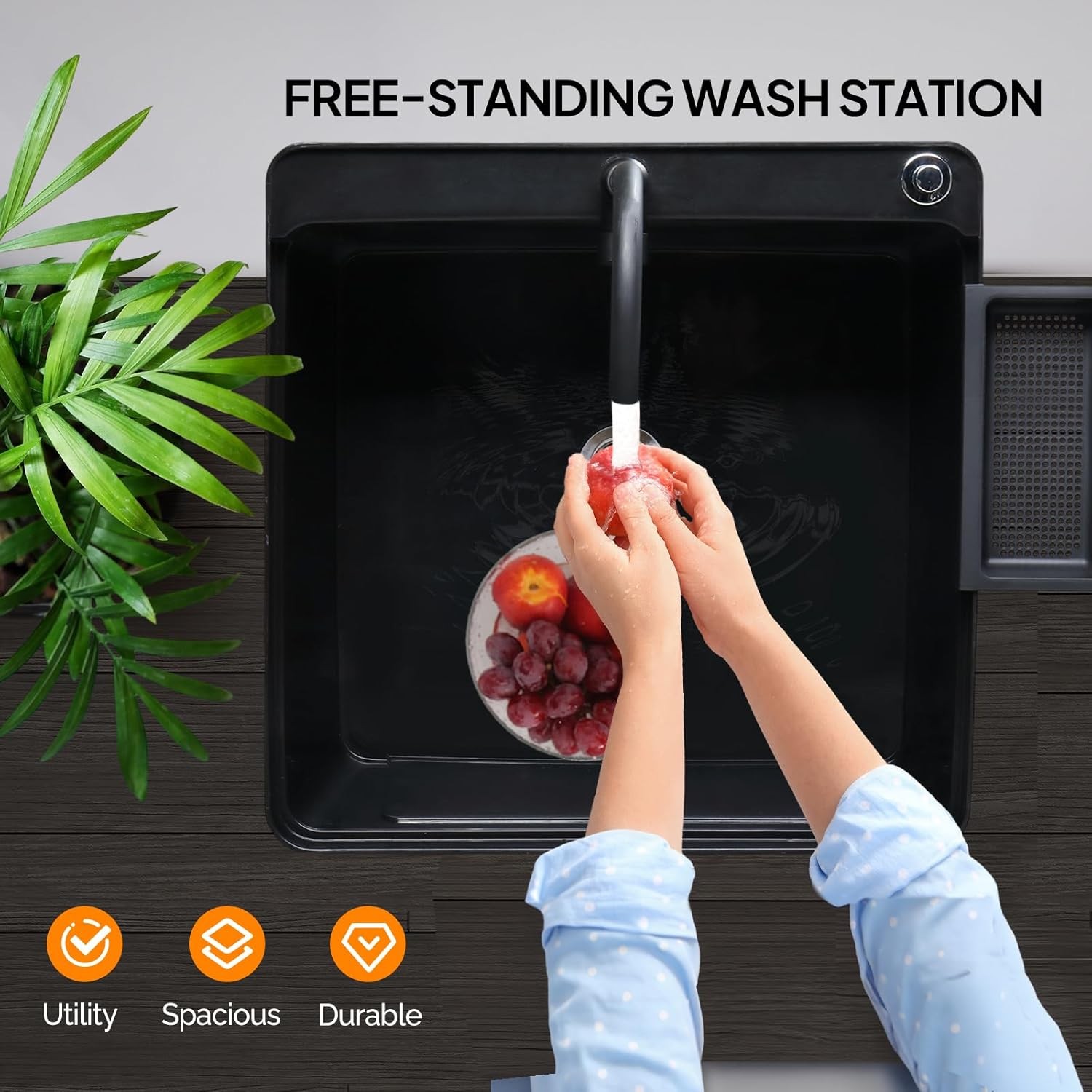 Garage Freestanding Plastic Utility Sink with Hot/Cold Faucet & Soap Dispenser