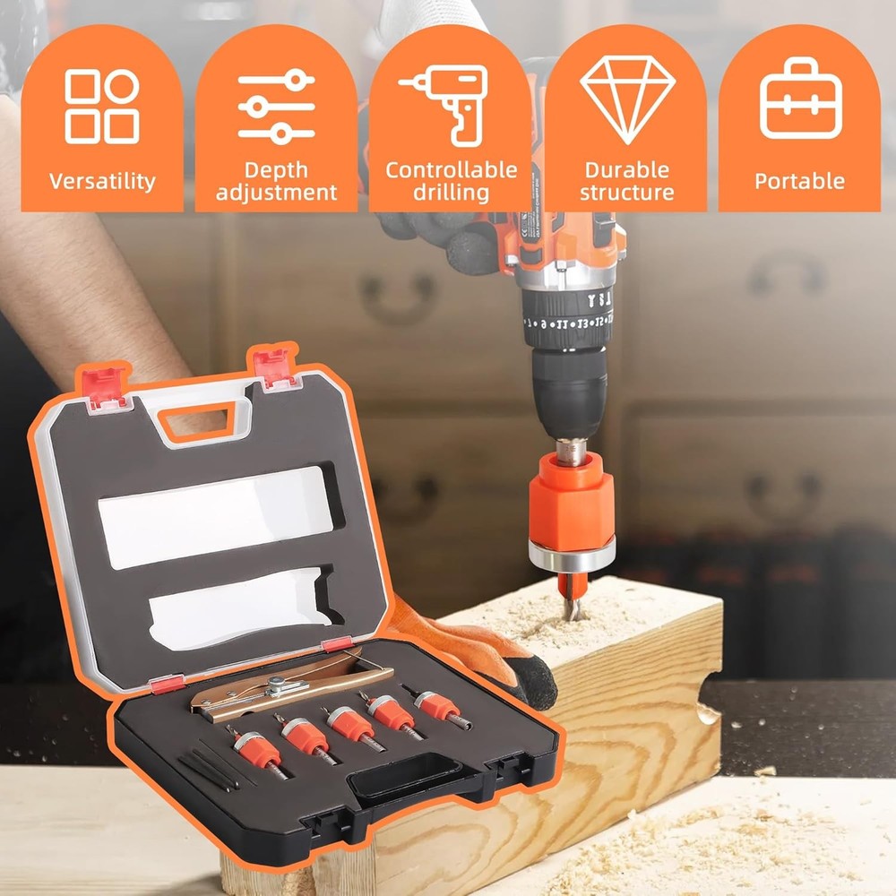 6Pcs Limit Countersink Drill Bit Set with Hole Punch, Adjustable Depth Wood Coun