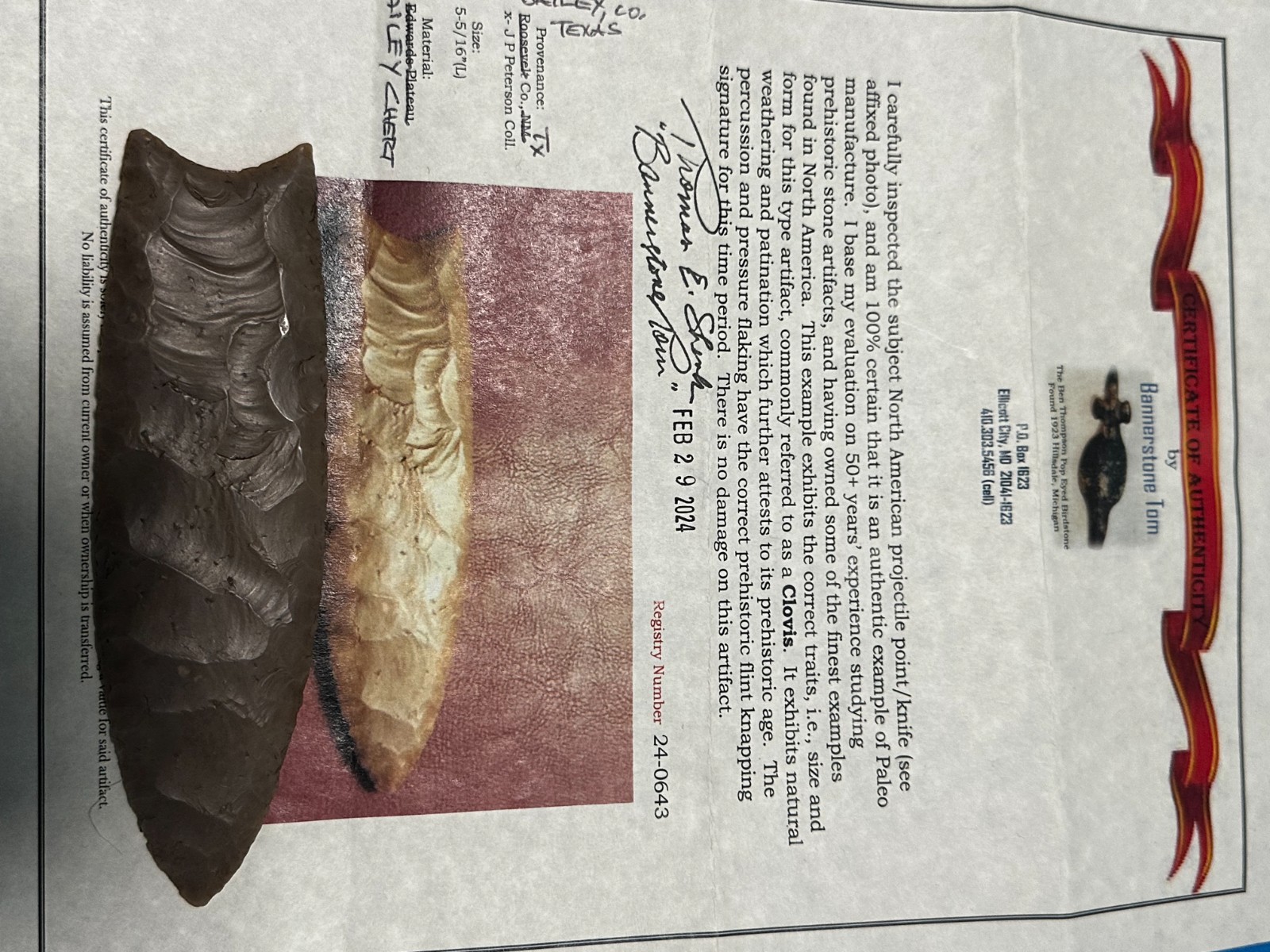 5 5/16" Texas Fluted Clovis Point, Indian Artifacts, Hopewell, Arrowheads, COA