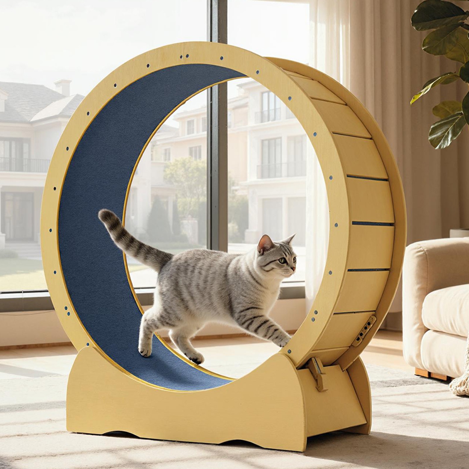42"Cat Exercise Wheel for Indoor Cats with Detachable Carpeted Runway Solid Wood