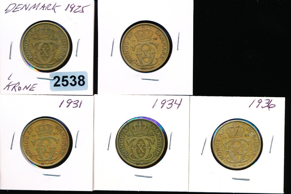 DENMARK -   1 KRONE 1925 U - 5 DIFFERENT - BRASS - #2538