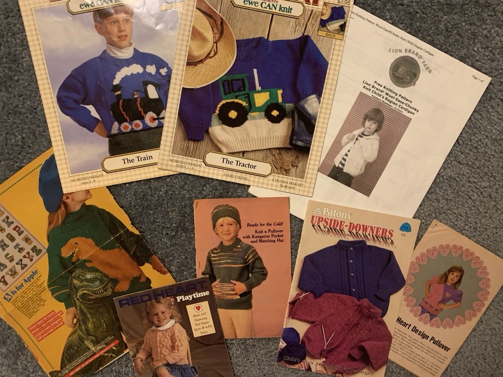 Hand Knit Patterns Sweaters Train Tractor Dinosaur Hearts Cables Upside Downers