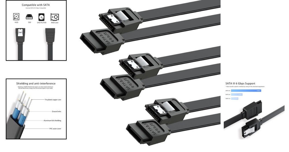 SATA III Data Transfer Cable - 15-Inch, 6Gbps Speed, Compatible with HDD & SSD