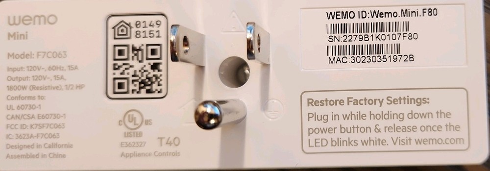 2x Wemo Mini Smart Outlet Plug F7C063