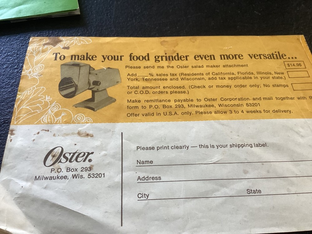 Oster Food Grinder Model 480 E, with attachments, and original paperwork