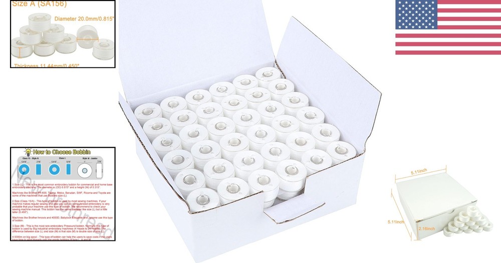 Cottonized White Prewound Bobbin Thread - 144pcs Compatible with Major Brands