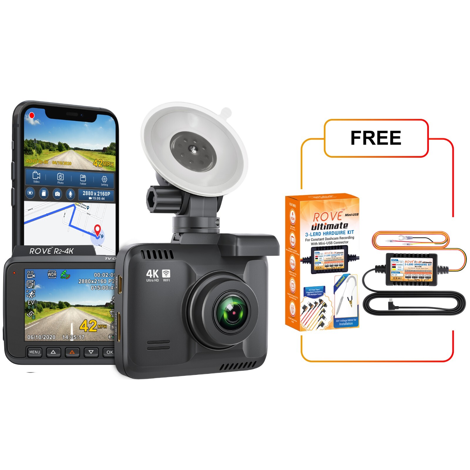 ROVE R2-4K Car Dash Cam Built-in WiFi & GPS [Open Box] with Free Hardwire Kit