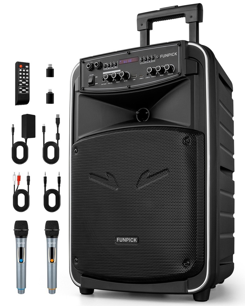 Portable Karaoke Machine with Wireless Microphone, Woofer Bluetooth Speaker