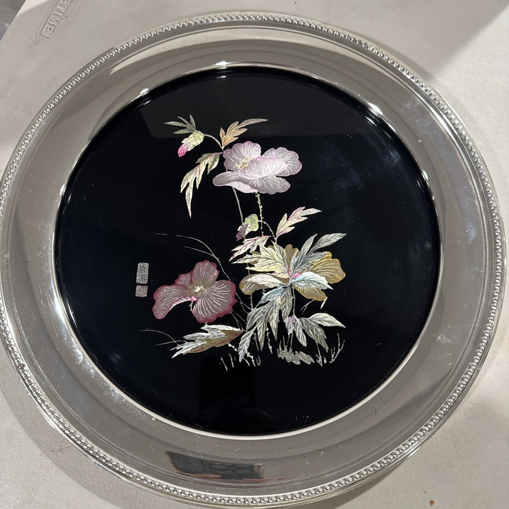 VTG 13” platter silverplate glass & Asian floral flower print West Germany