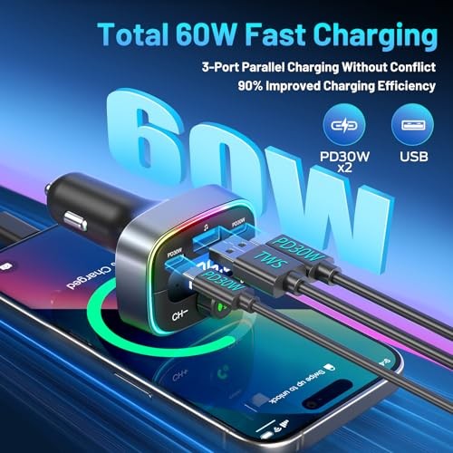Bluetooth 5.4 Car Adapter 60W Charging USB Bluetooth Adapter for Car,Wireless