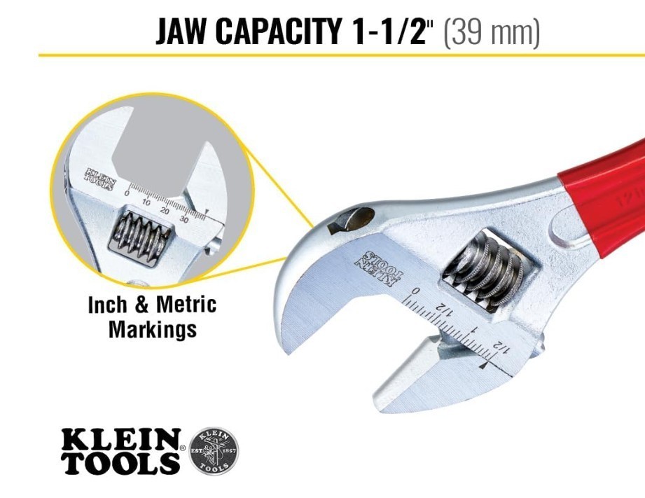 Klein Tools D507-12 12" Adjustable Wrench Extra Capacity Heavy Duty Alloy Steel
