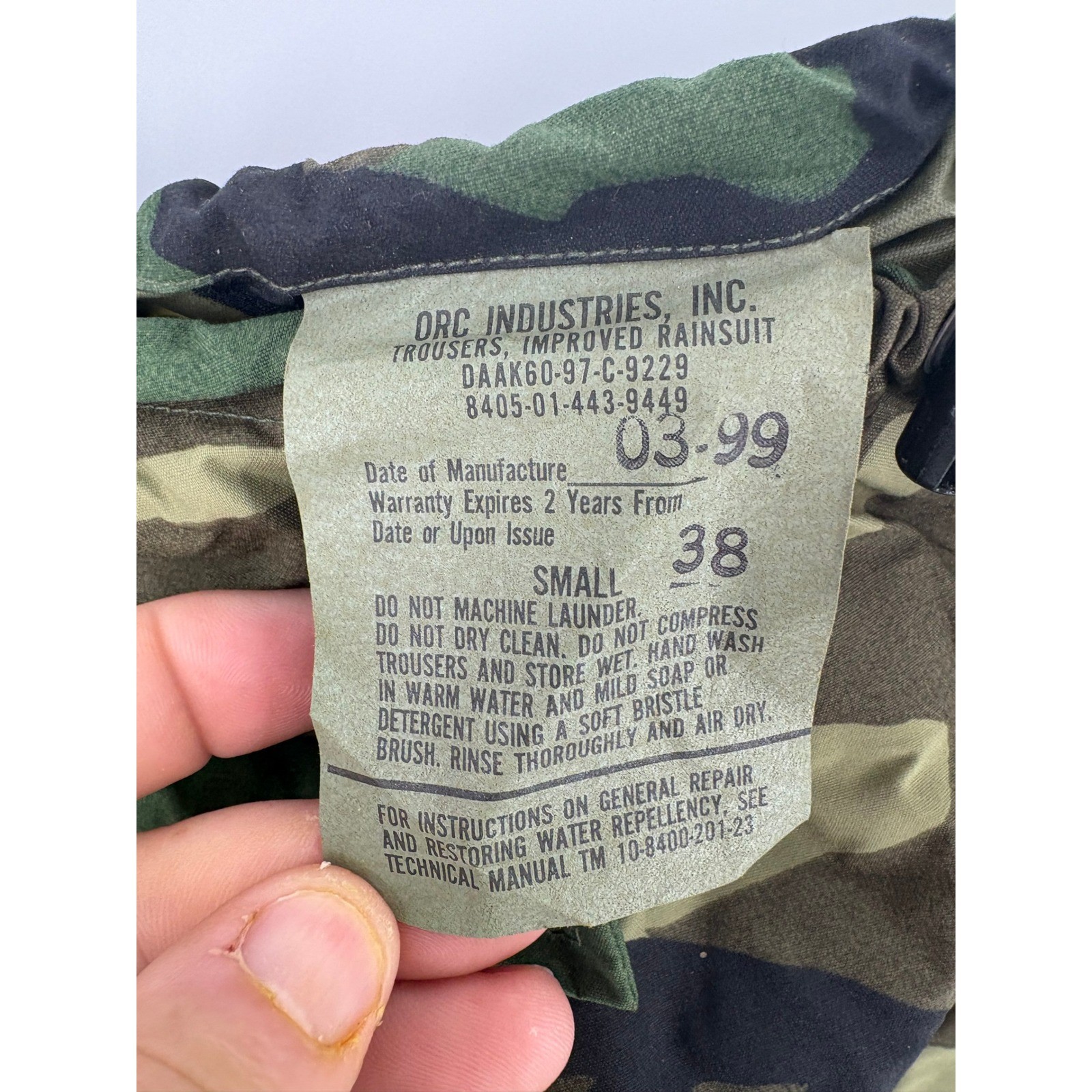 ORC Industries Trousers Improved Rainsuit Camo Military Pants Mens Small