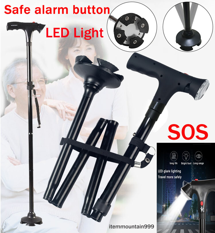 Adjustable Walking Stick Cane Folding Handle Metal With LED Light &Alarm button
