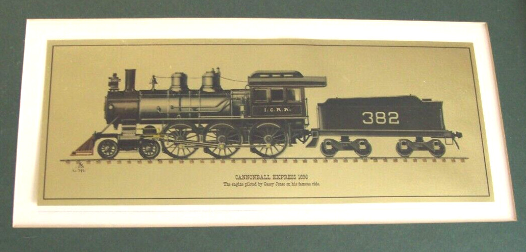 Cannonball Express 1896 Casey Jones oak frame print on gold tone sheet 15"x12"