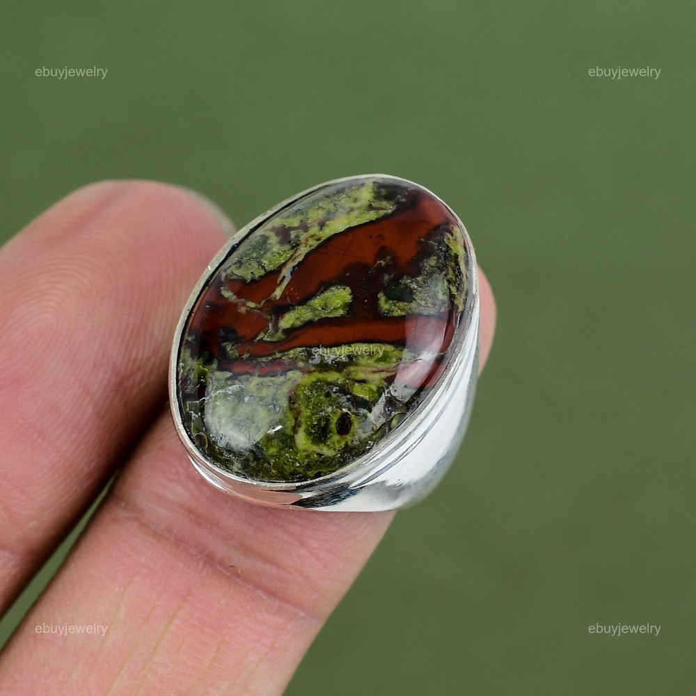 Oval Natural Dragon Bloodstone Statement Stackable Promise Ring Sterling Silver