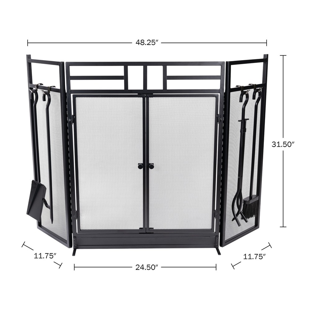 Fireplace Screen 3 Panel Fireplace Gate with Doors and 4PC Tools Set, Black