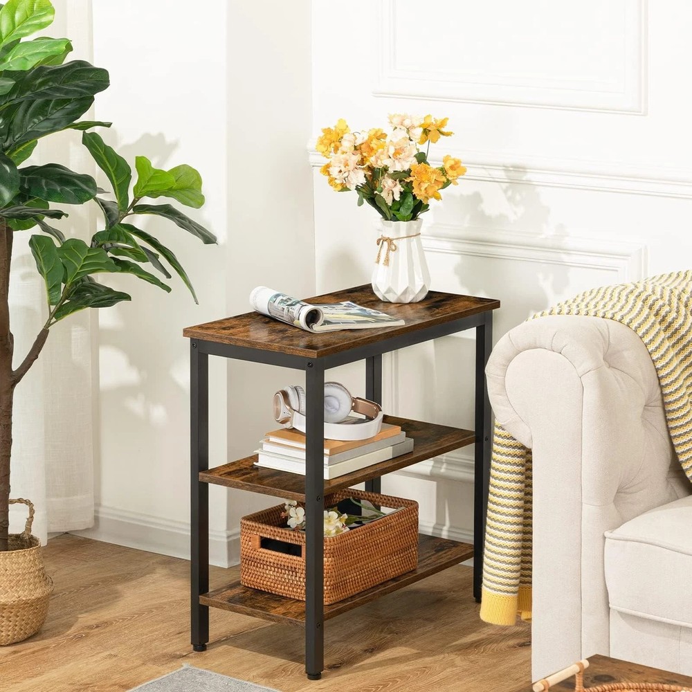 End Table, Simple Rustic Side Table with 3-Tier Storage Shelf, Narrow Nightst...