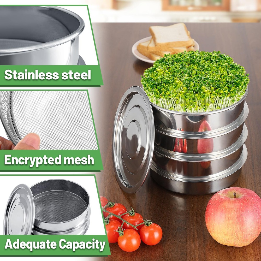 Stainless Steel 4 Tier Seed Sprouting Kit 6" Stackable Microgreens Tray