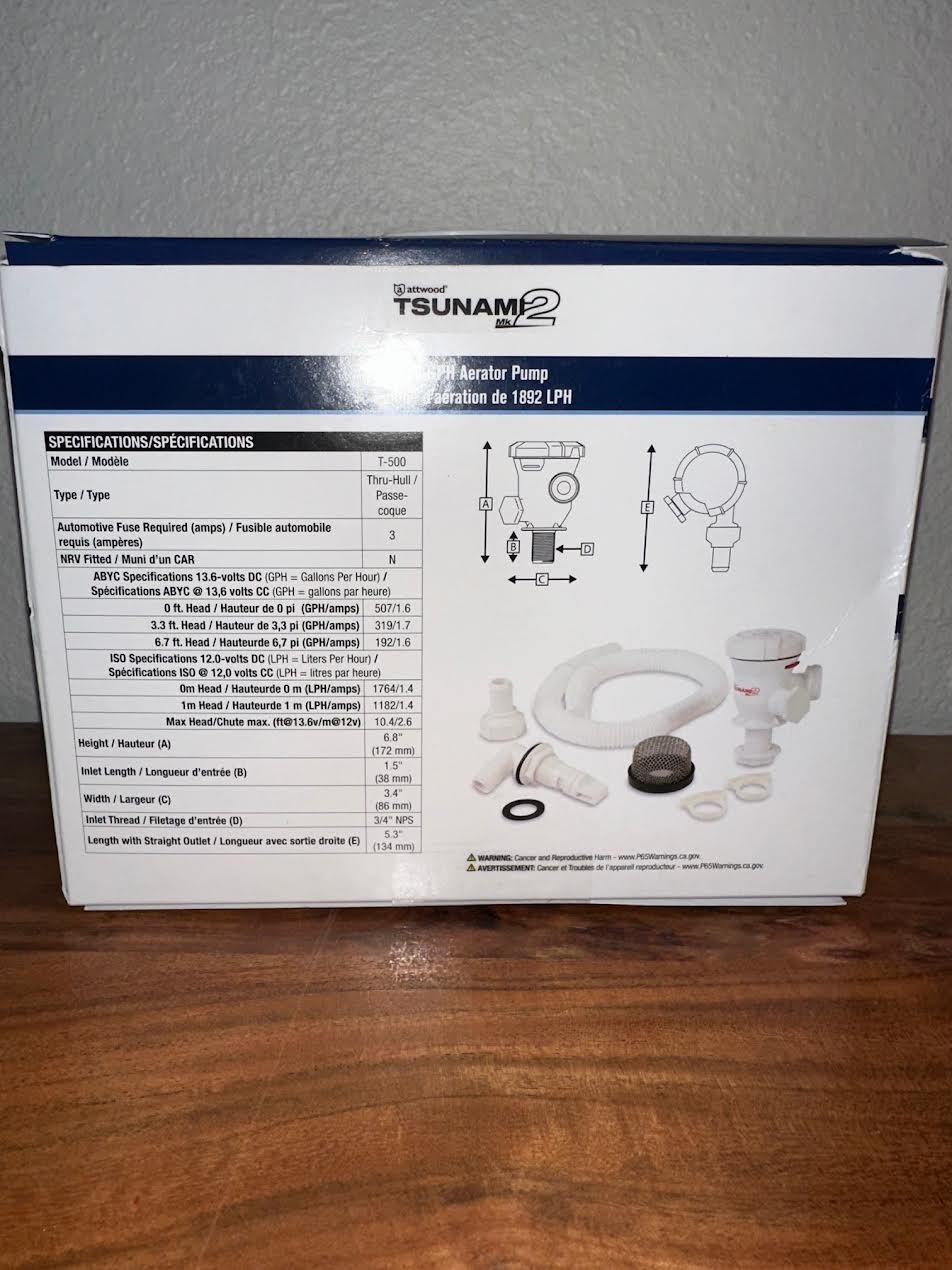 NIB ATTWOOD 500 GPH Tsunami Mk2 Recirq Aerator Livewell Kit 5253-4