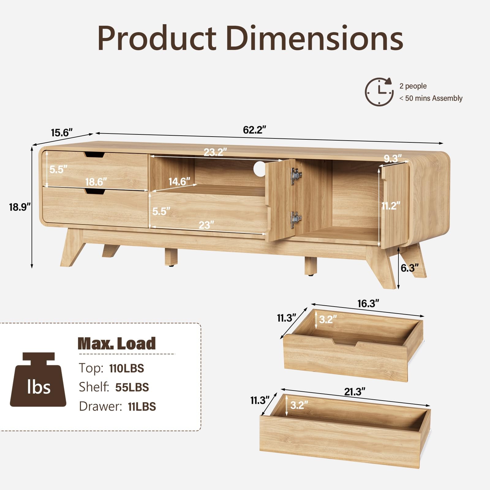 63" TV Stand, Mid Century Modern TV Stands for TVs up to 70 inch