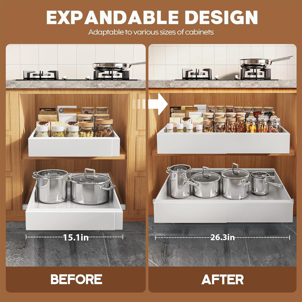 2 Pack 21" Deep Pull Out Cabinet Organizer Expandable（Width 15.1"-26.3"） White+4