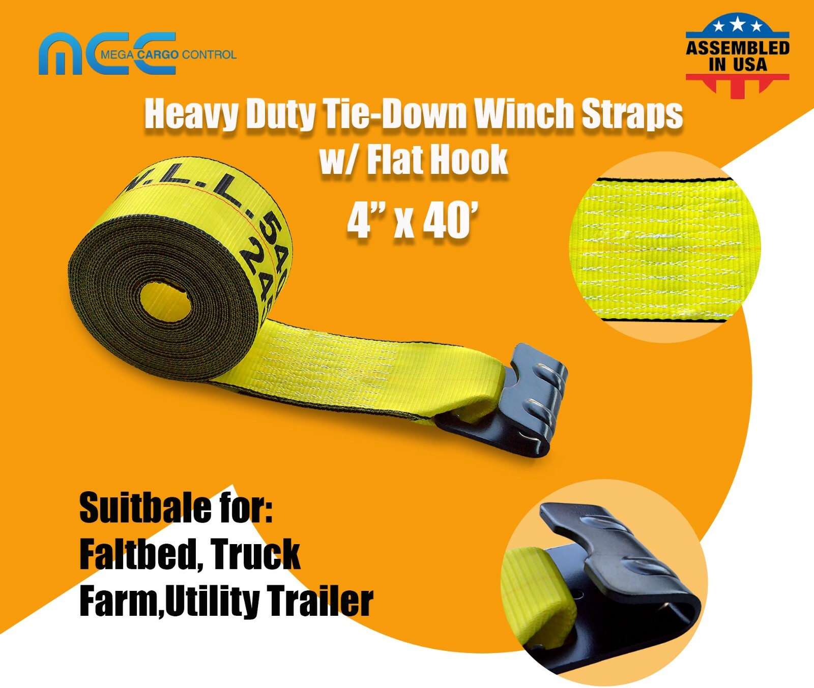 USA Heavy Duty 4" x40' Winch Strap Flat Hook Flatbed Truck Trailer Farm Tie Down