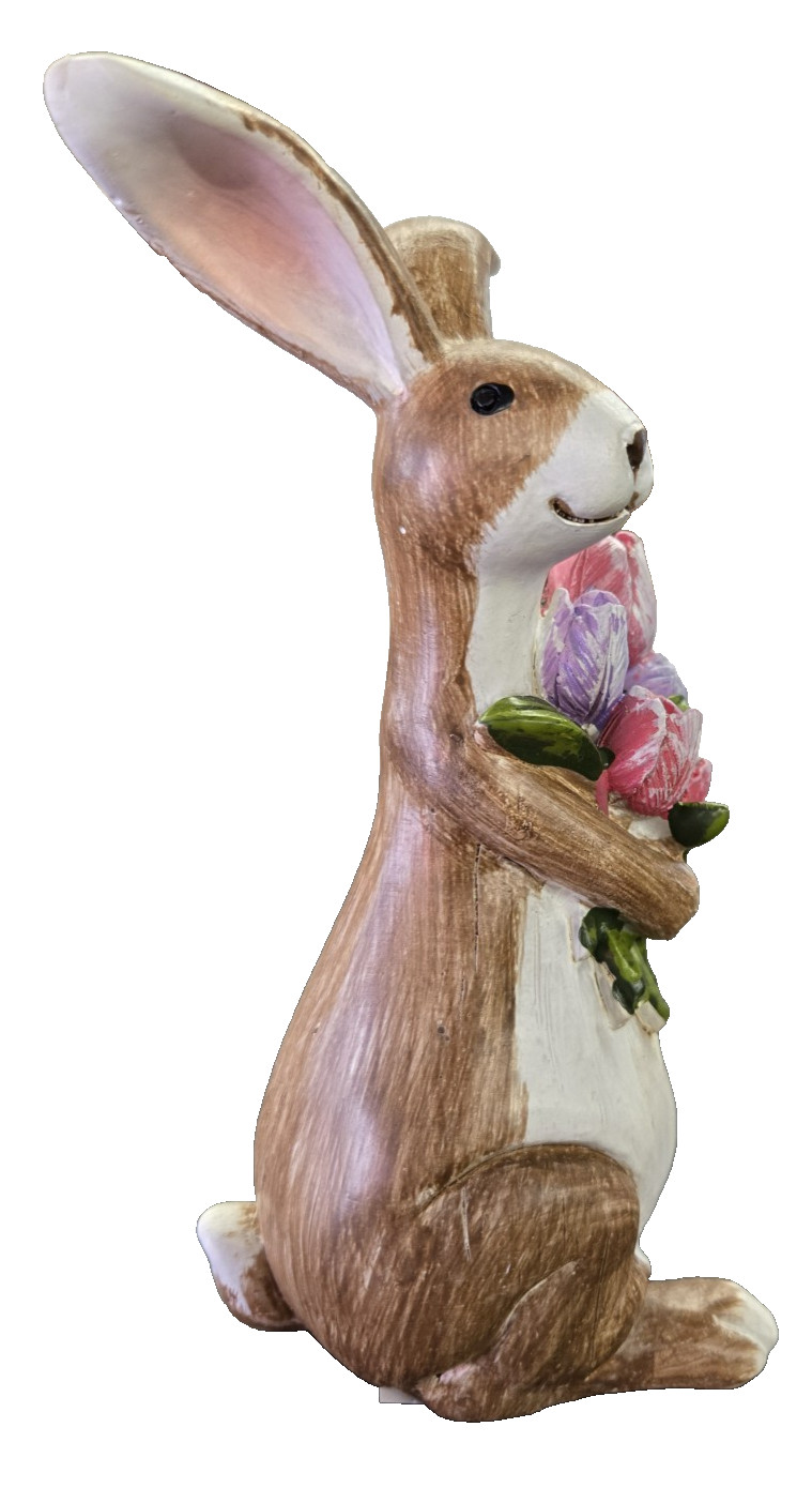 6" Easter Bunny Figurine Resin Rabbit Sculpture with Pink and Purple flowers