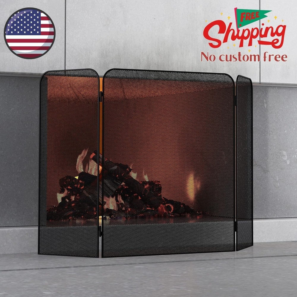 3-Panel Metal Fireplace Screen for Fireplace Fire Spark Guard Grate