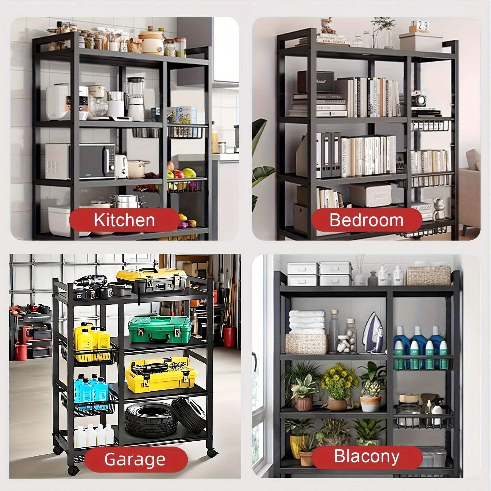 4-Tier Rolling Storage Rack with Baskets, Metal Utility Shelf on Wheels, Kitchen