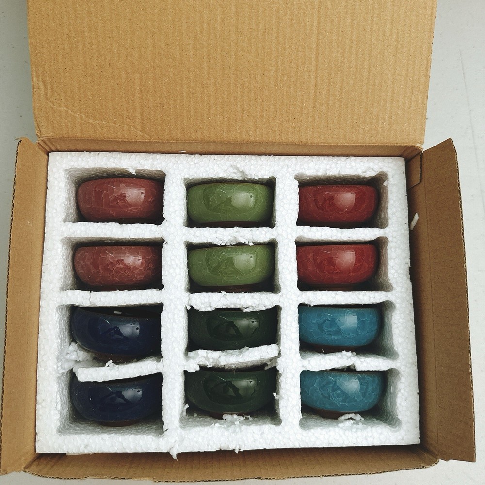 Cute 12 pc Ceramic Assorted Color Crazed Glazed Succulent Planters With Tray