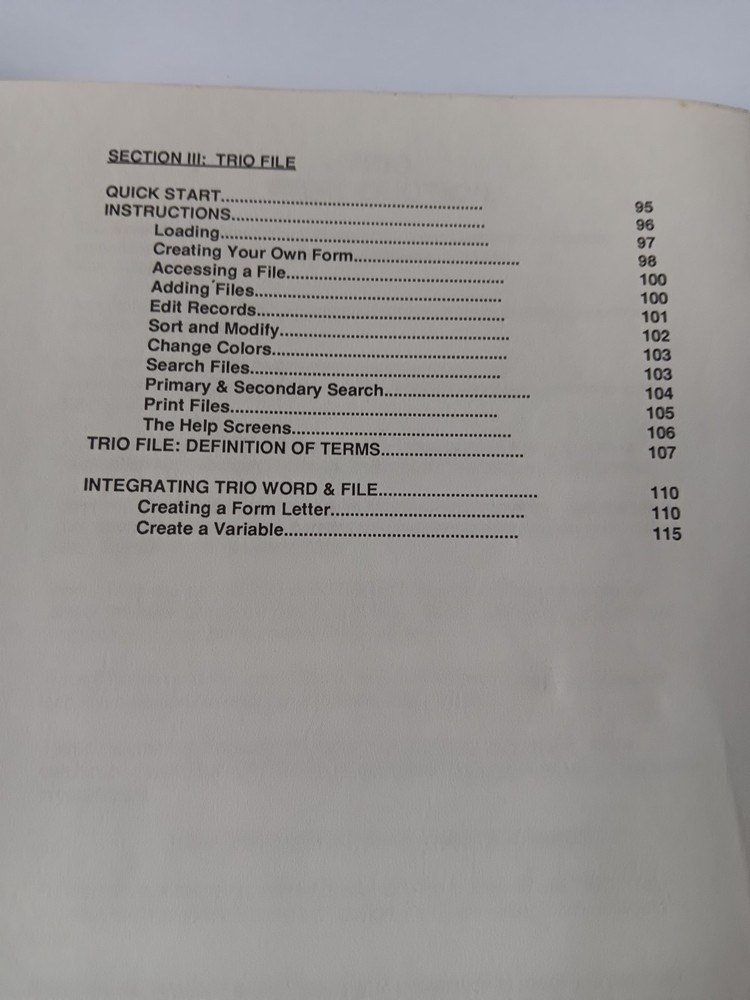 Trio The Integrated Word Processor Spreadsheet Database Manual Guide Softsync