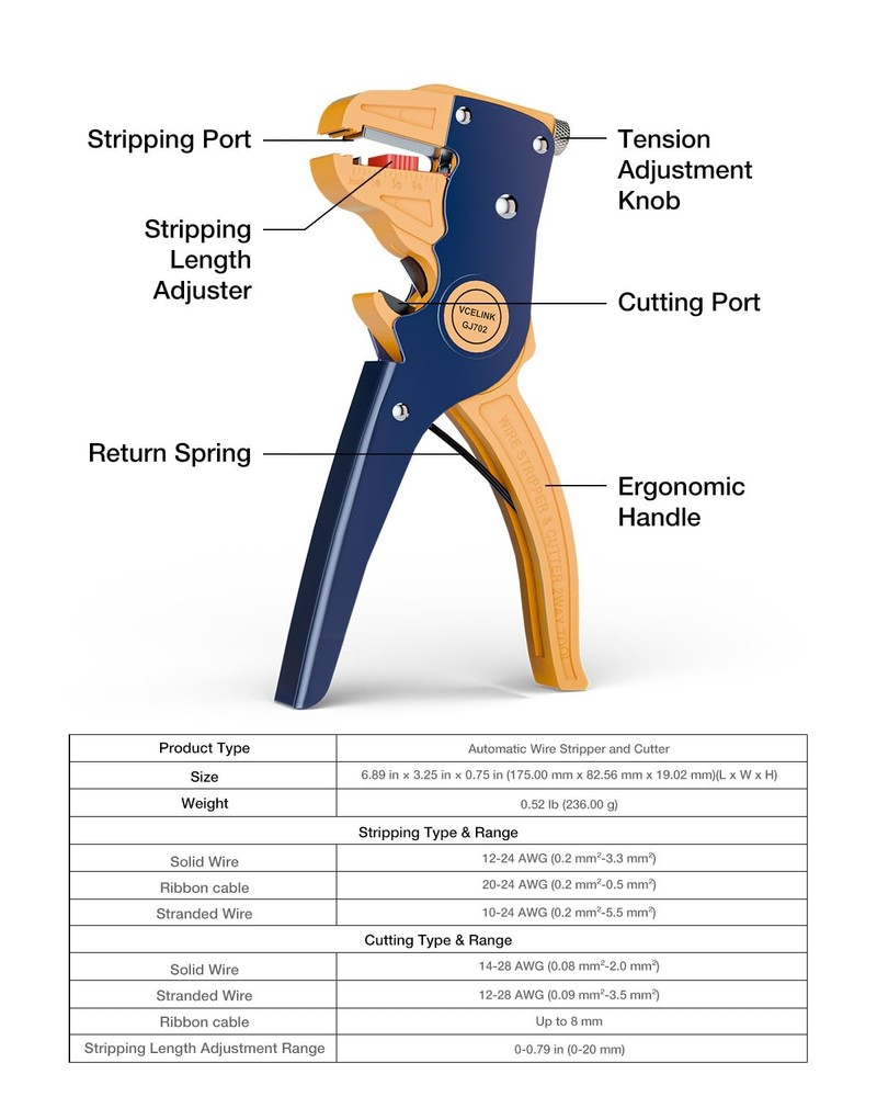 VCELINK Wire Stripper and Cutter, Professional Quick Strip Automatic Blue