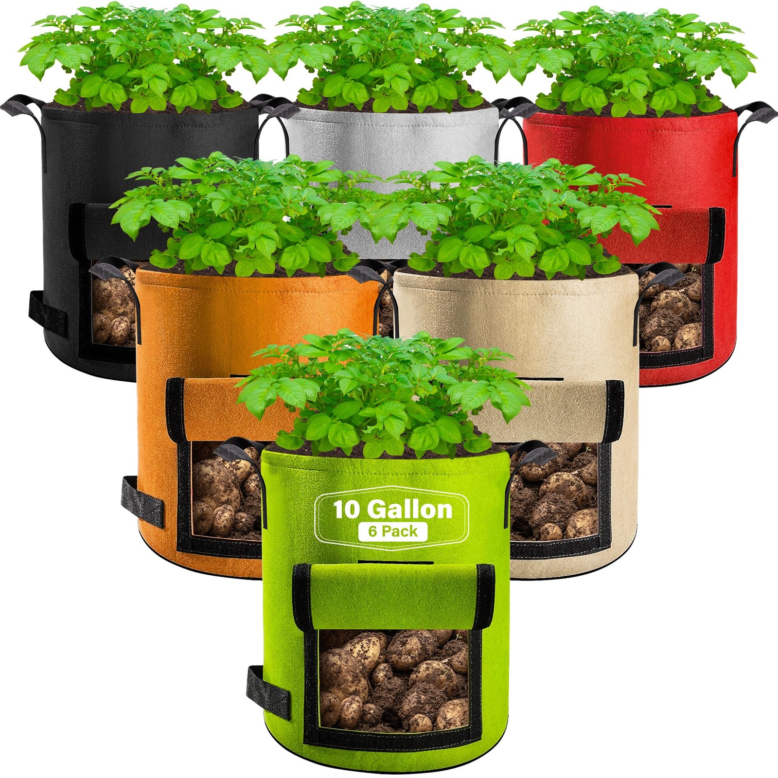 Suntee 6 Pack 10 Gallon Potato Grow Bags with Flap Fabric Plant Pots Multicolor