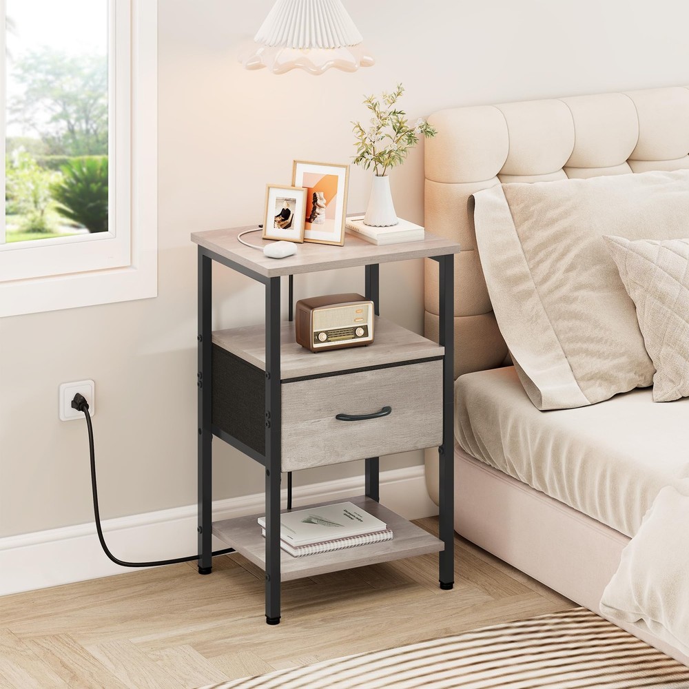 Nightstand with Charging Station, Side Table with Adjustable Drawer, End Tabl...