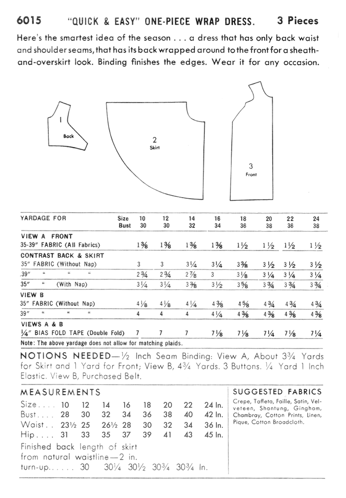 Butterick 6015 Sewing Pattern Quick & Easy One-Piece Wrap Dress