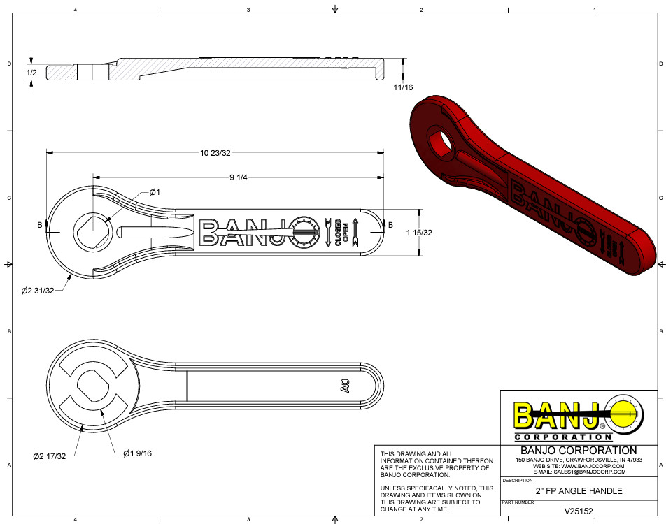 Banjo Red Polypropylene Angle Handle For VA200FP, Replacement Part - V25152