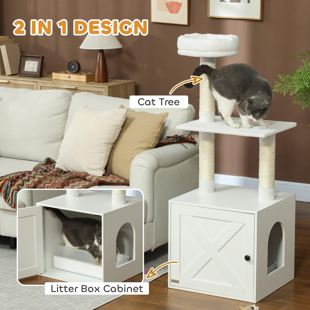 Cat Tree with Litter Box Enclosure, Scratching Posts, Bed, Climbing Platforms