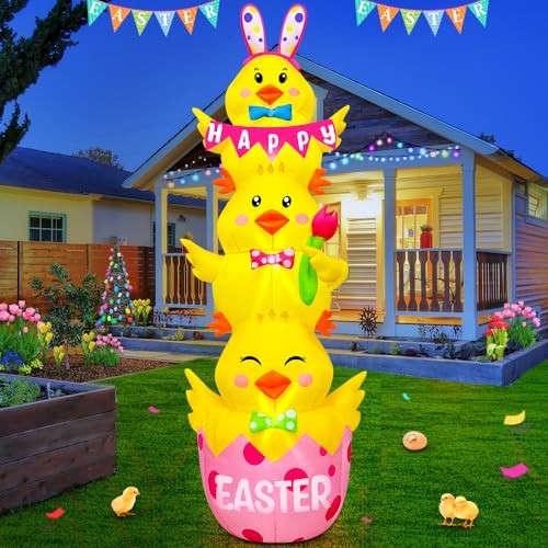 7.1FT Easter Inflatable Outdoor Decoration Inflatable Three Chicks, Built in