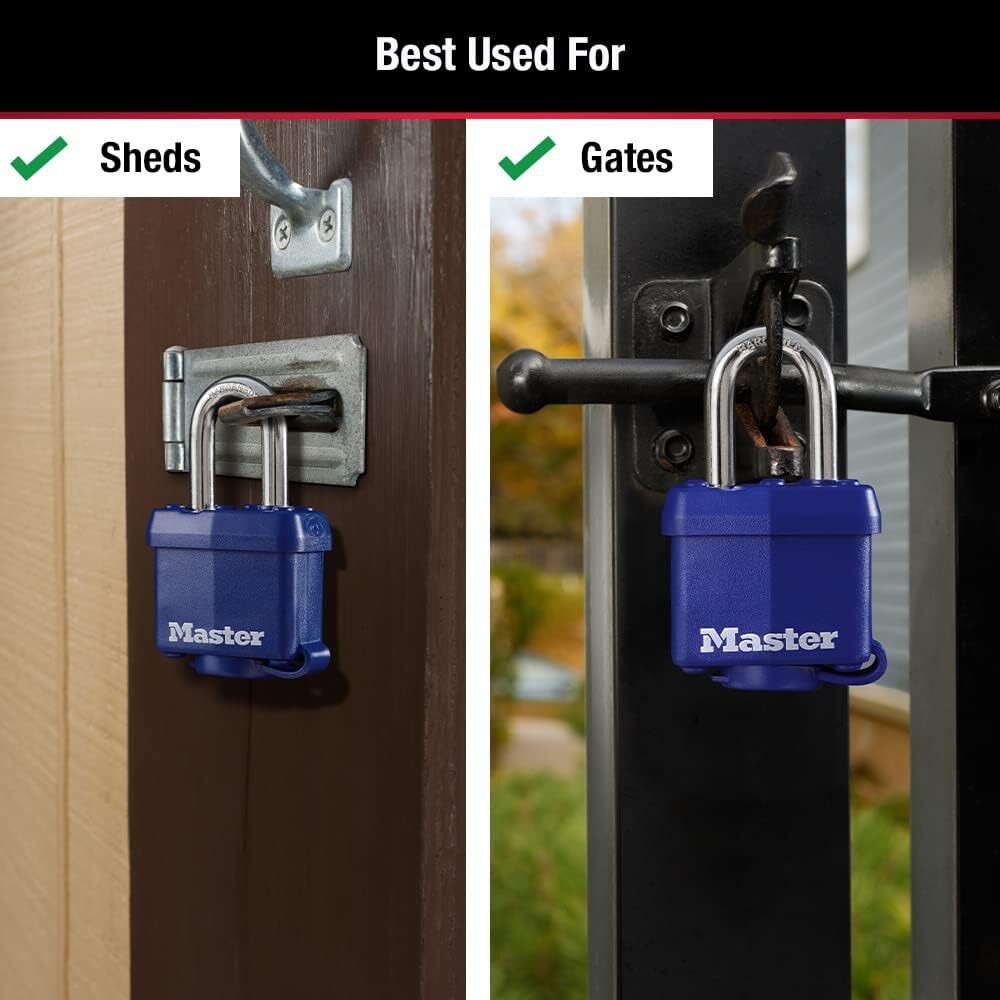 Master Lock 312TRI Laminated Padlock with Key & Thermoplastic Shell, Blue, Pack