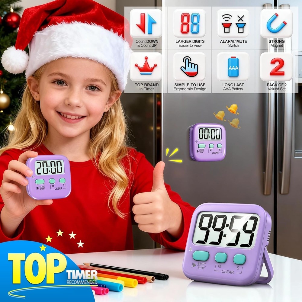 2 Pack Digital Countdown Timers - Loud & Silent Modes for Kitchen & Classroom