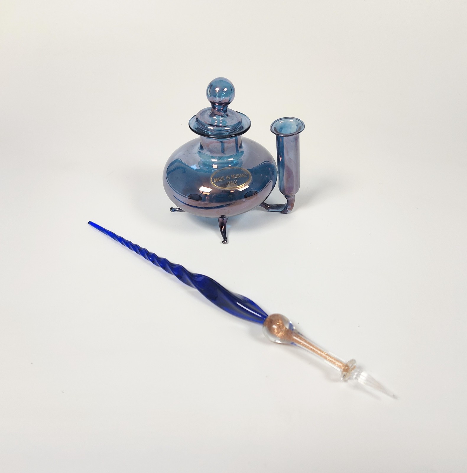 Rare 1960's Murano Glass Inkwell & Dip Pen Set – Cobalt Iridescent Signed Italy