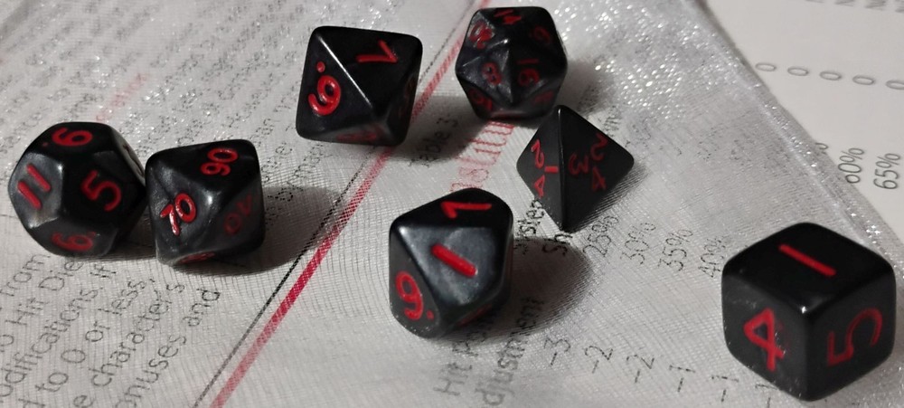 Mini 7 Dice Set Charcoal Black Red Numbers RPG DND Polyhedral Dice