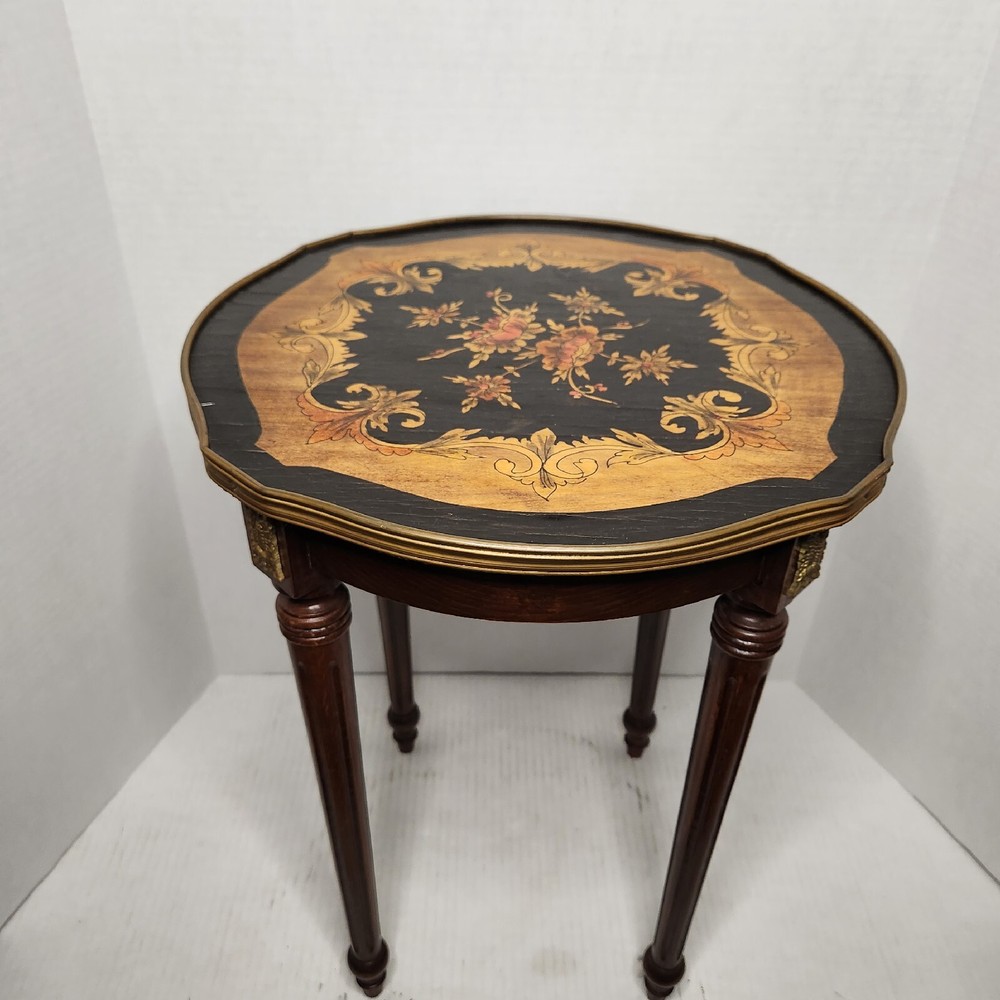 French Side Table W/ Handpainted Ebonized Top Metal Edging Ormolu Accent Antique