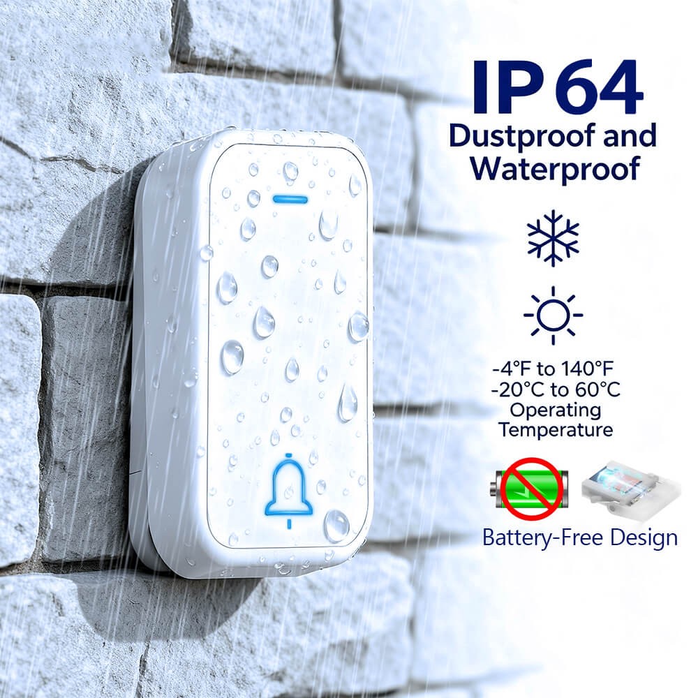 Wireless Doorbell Chime Waterproof Receiver Self-Powered Adjustable Volume 350M